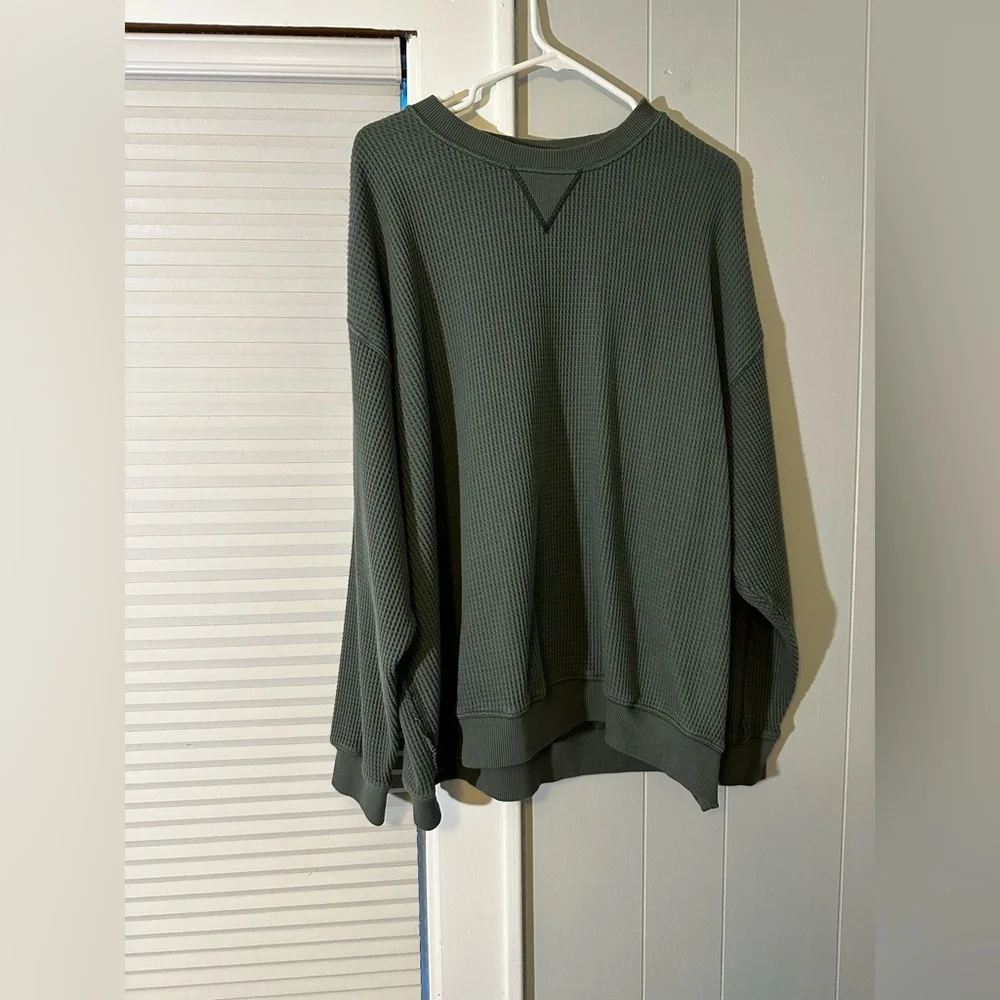 Aerie American Eagle Olive Green Waffle Knit Crewneck Sweater XL - Picture 2 of 4
